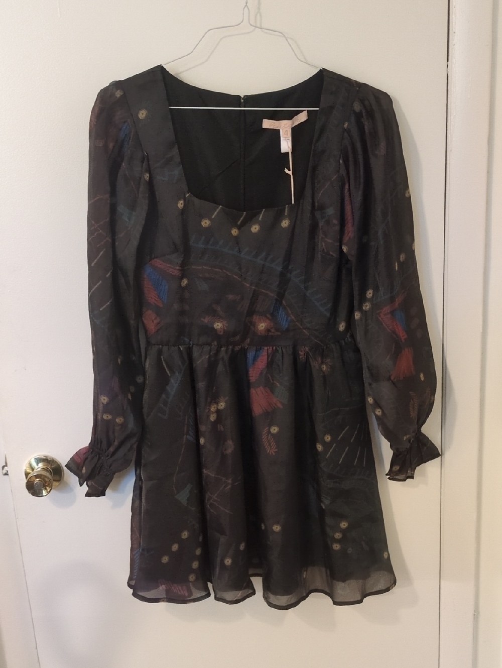 Hutch Black Long-Sleeve Semi-Sheer Mini Dress with Multicolor Accents